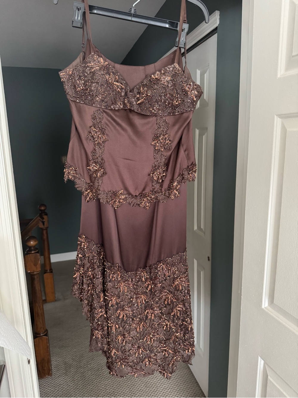 Cache Brown Beaded Asymmetrical Evening Skirt